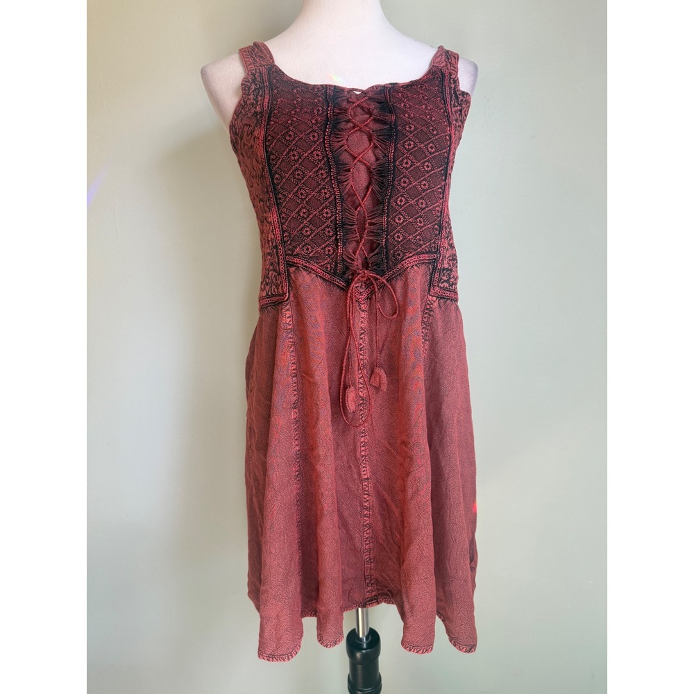 Coline Red Acid Wash Boho whimsi goth Embroidered Mini Dress L boho retro y2k be